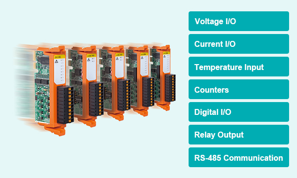 Voltage I/O, Current I/O, Temperature Input, Counters, Digital I/O, Relay Output, RS-485 Communication